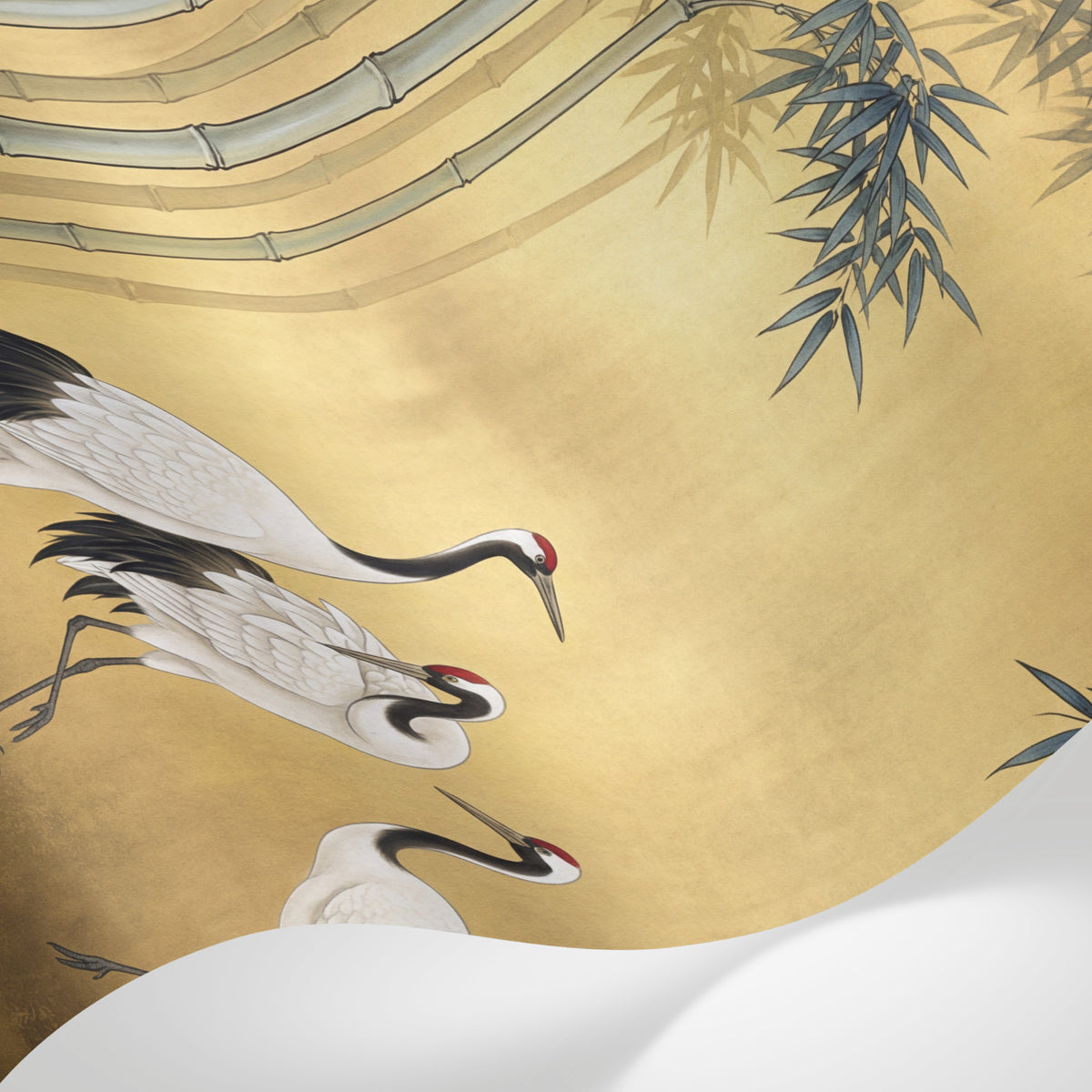 Papier peint panoramique grue - Quatre hérons bambous feuillage asiatique fond beige doré et vert sur mesure - Matière