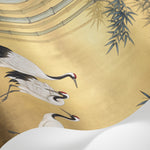 Papier peint panoramique grue - Quatre hérons bambous feuillage asiatique fond beige doré et vert sur mesure - Matière