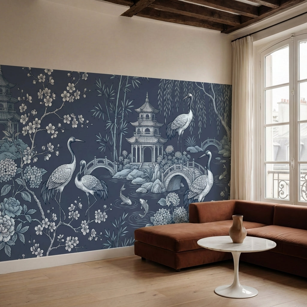 papier peint panoramique grues japonaises herons pagode pont bambous cerisiers f-HERO-15