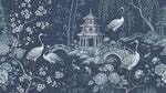 Papier peint panoramique grues japonaises - Hérons pagode pont bambous cerisiers fond bleu ardoise et blanc sur mesure - Design