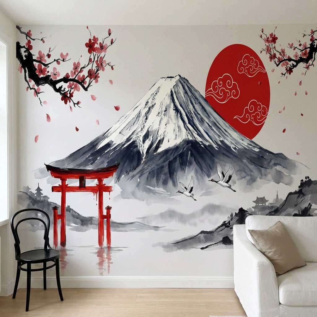 papier peint panoramique grues japonaises mont fuji torii cerisier sakura tons r-4