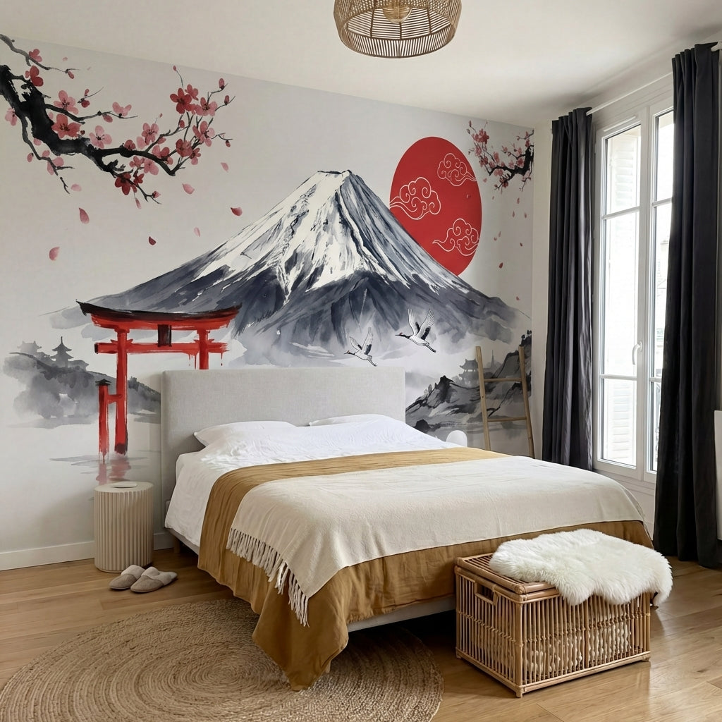 papier peint panoramique grues japonaises mont fuji torii cerisier sakura tons r-6