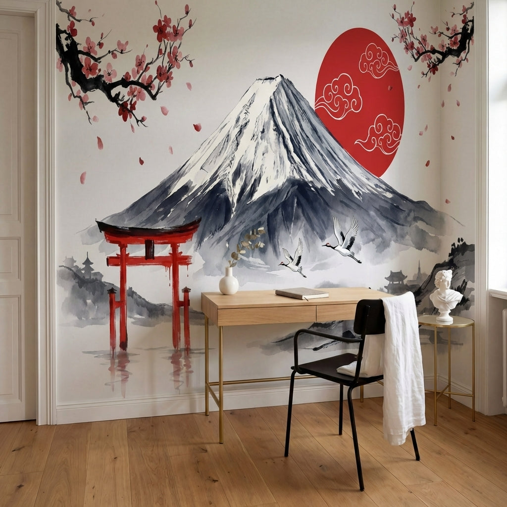 papier peint panoramique grues japonaises mont fuji torii cerisier sakura tons r-7