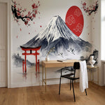 papier peint panoramique grues japonaises mont fuji torii cerisier sakura tons r-7