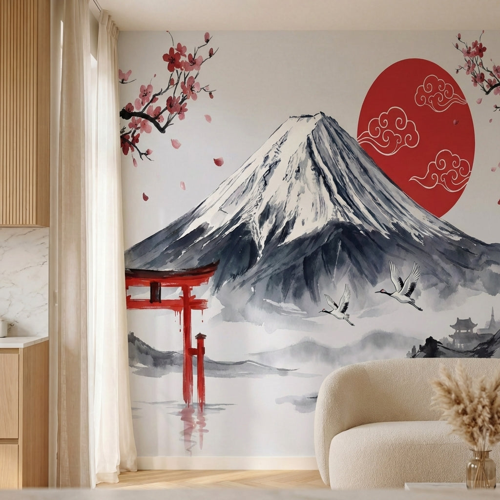 papier peint panoramique grues japonaises mont fuji torii cerisier sakura tons r-HERO-10