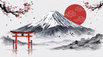 Papier peint panoramique grues japonaises - Mont Fuji torii cerisier sakura tons rouge corail et gris sur mesure - Design