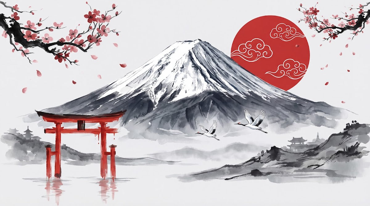 Papier peint panoramique grues japonaises - Mont Fuji torii cerisier sakura tons rouge corail et gris sur mesure - Design