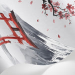 Papier peint panoramique grues japonaises - Mont Fuji torii cerisier sakura tons rouge corail et gris sur mesure - Matière