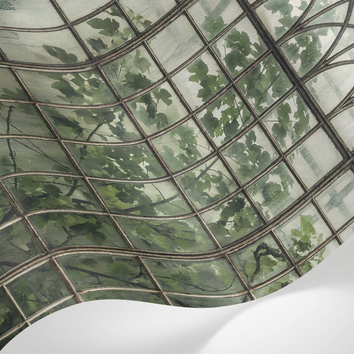 Papier peint panoramique industriel - Verrière atelier fenêtres métalliques végétation grimpante fond beige vintage sur mesure - Matière