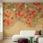 papier peint panoramique japonais erables automne oiseaux branches feuillage rou-HERO-10