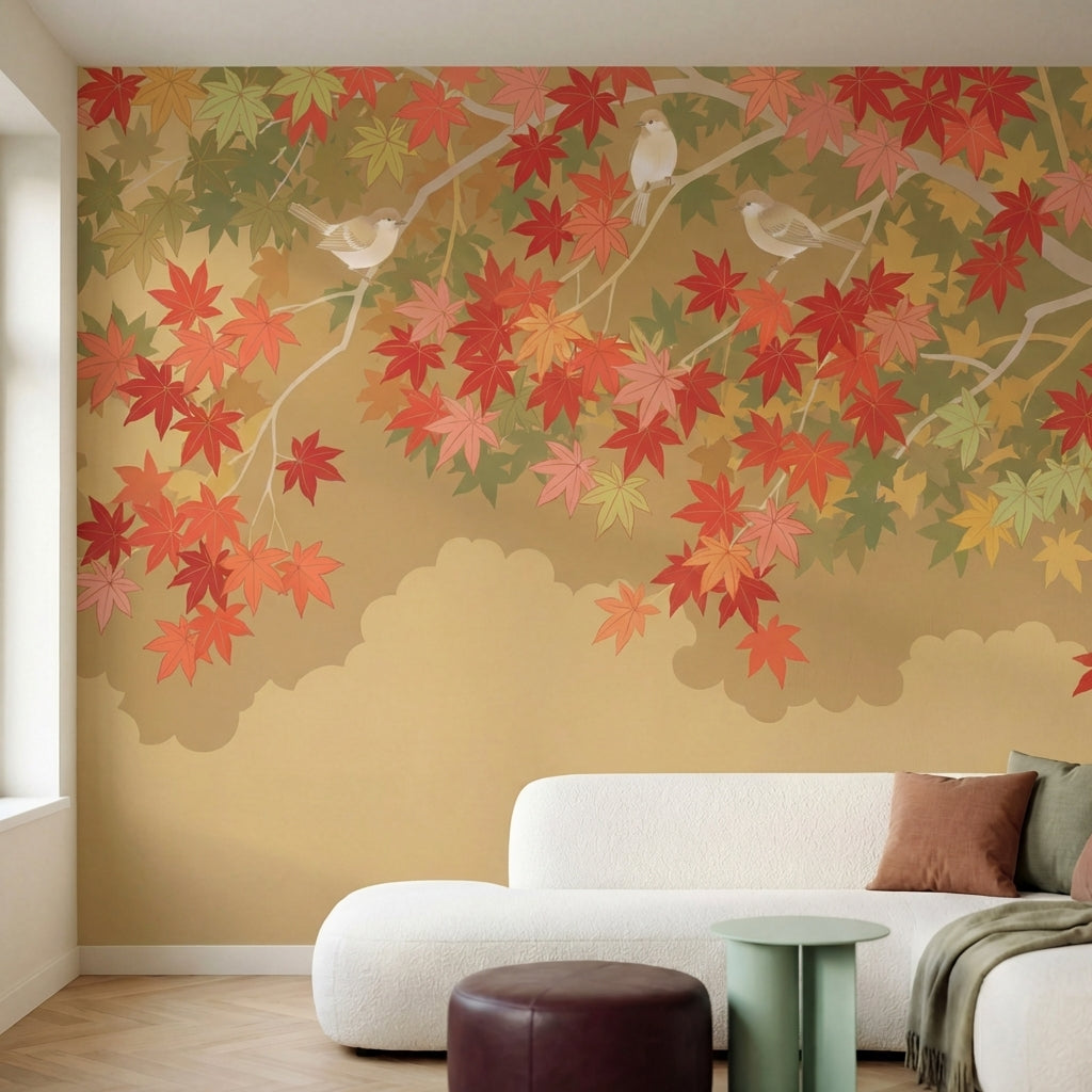 papier peint panoramique japonais erables automne oiseaux branches feuillage rou-HERO-10