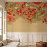 papier peint panoramique japonais erables automne oiseaux branches feuillage rou-HERO-9