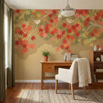 papier peint panoramique japonais erables automne oiseaux branches feuillage rou-VARIANTE-10