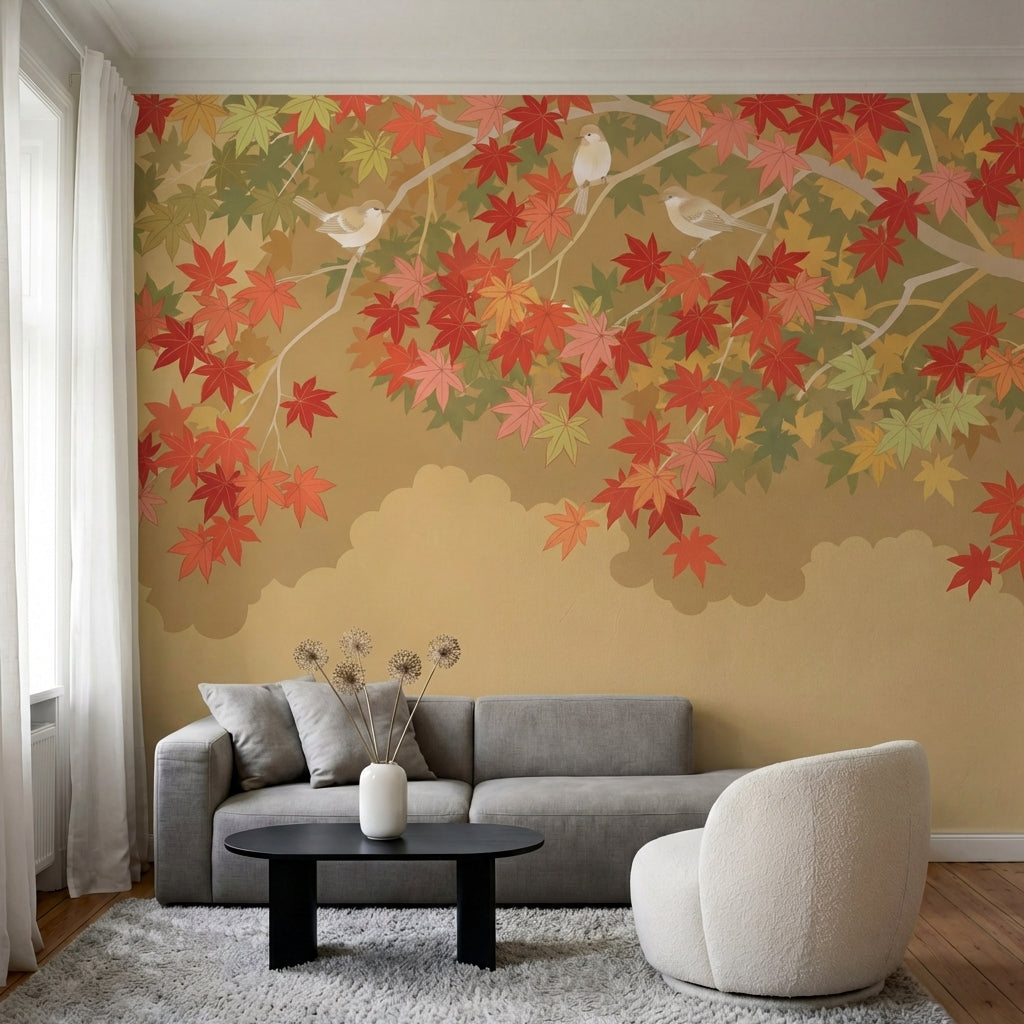 papier peint panoramique japonais erables automne oiseaux branches feuillage rou-VARIANTE-9