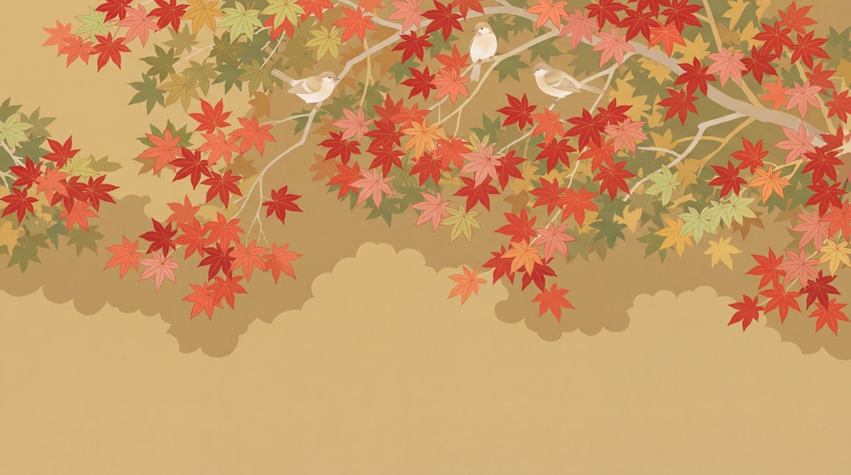 Papier peint panoramique japonais - Érables automne oiseaux branches feuillage rouge orange et beige doré sur mesure - Design