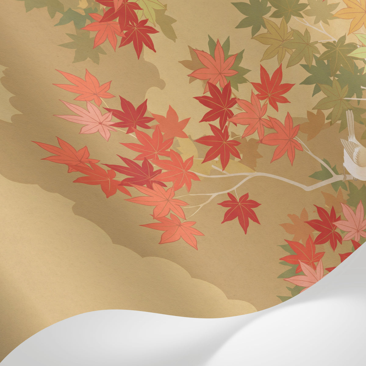 Papier peint panoramique japonais - Érables automne oiseaux branches feuillage rouge orange et beige doré sur mesure - Matière