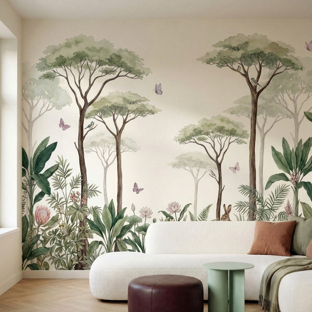 papier peint panoramique jungle arbres acacia feuillage tropical lapin papillons-1