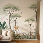 papier peint panoramique jungle arbres acacia feuillage tropical lapin papillons-2
