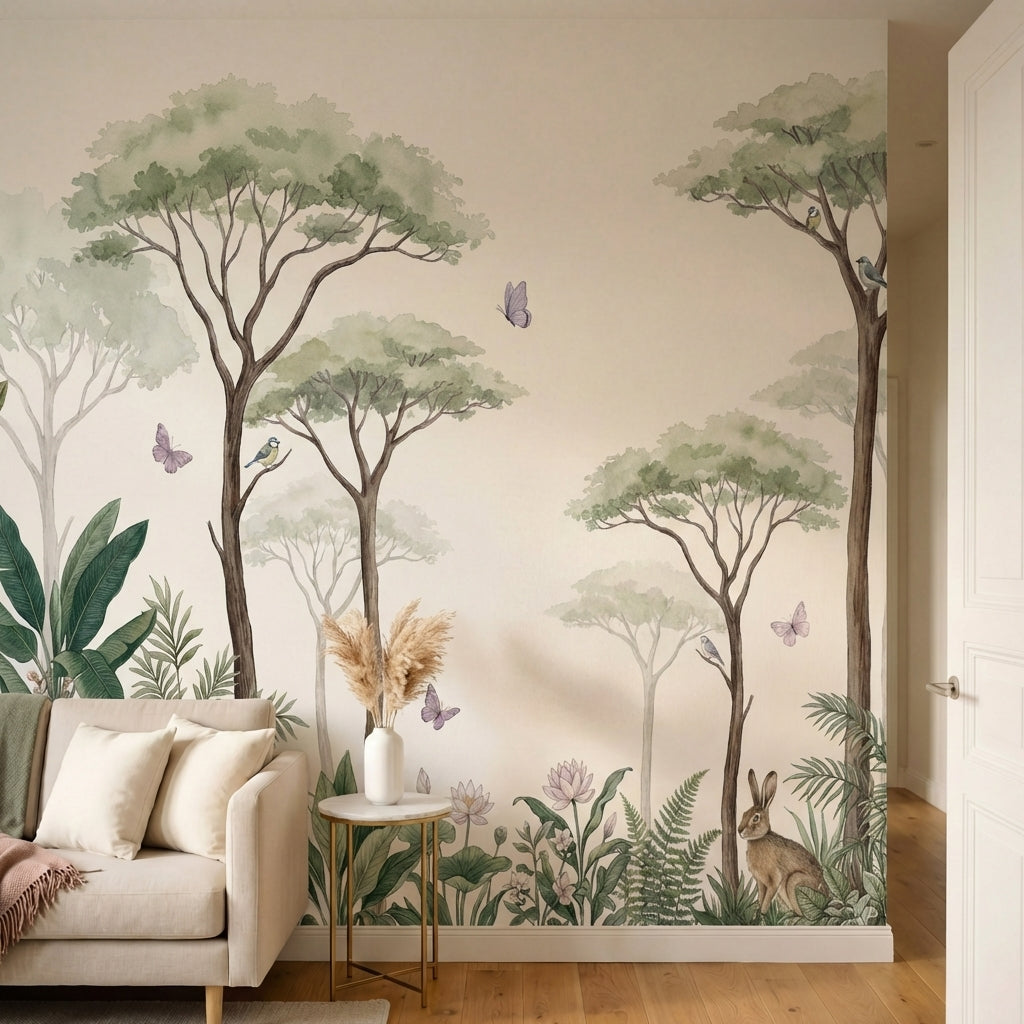papier peint panoramique jungle arbres acacia feuillage tropical lapin papillons-2