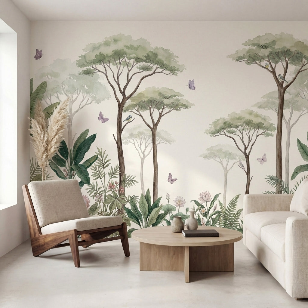 papier peint panoramique jungle arbres acacia feuillage tropical lapin papillons-6