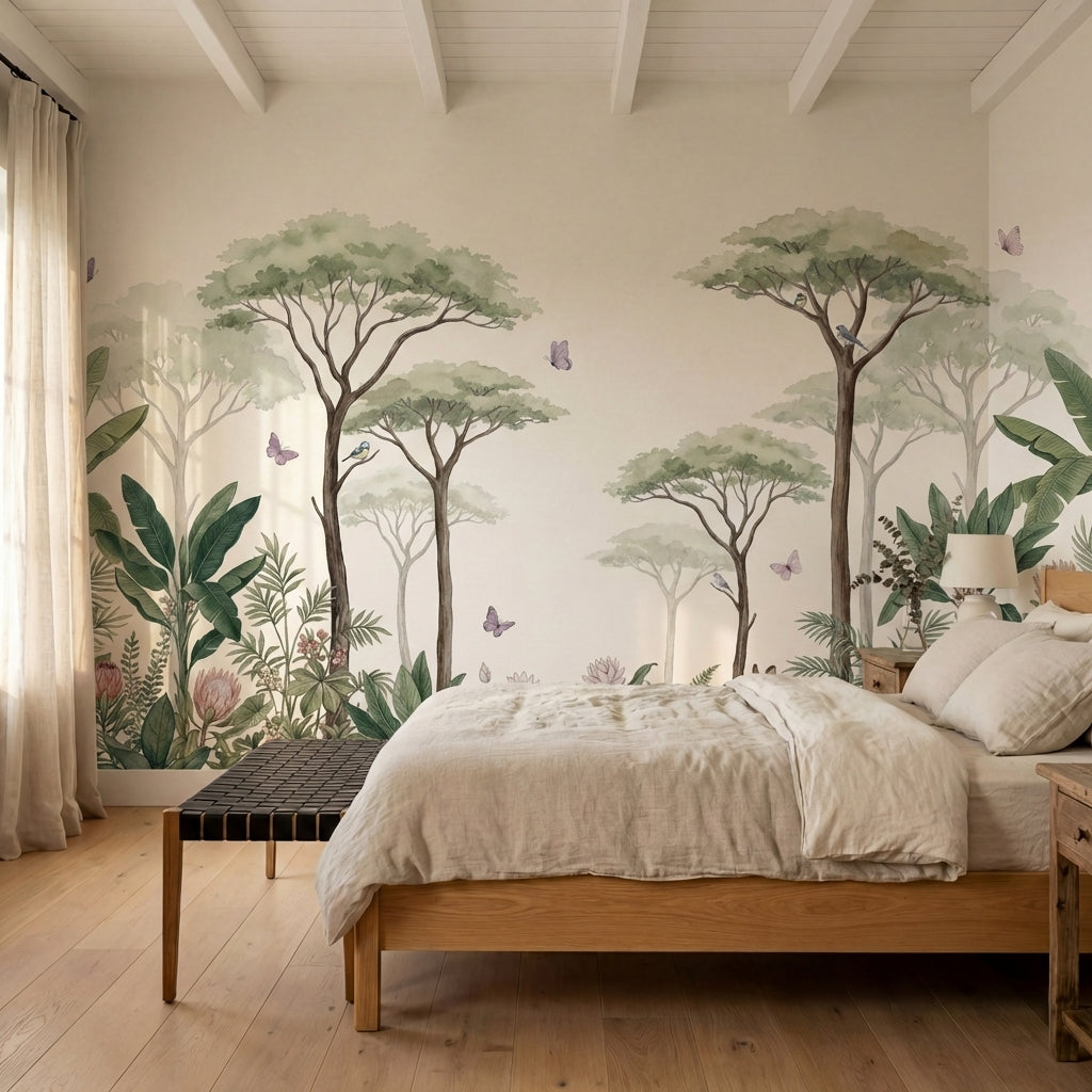 papier peint panoramique jungle arbres acacia feuillage tropical lapin papillons-8