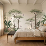 papier peint panoramique jungle arbres acacia feuillage tropical lapin papillons-8