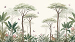 Papier peint panoramique jungle - Arbres acacia feuillage tropical lapin papillons fond beige crème sur mesure - Design