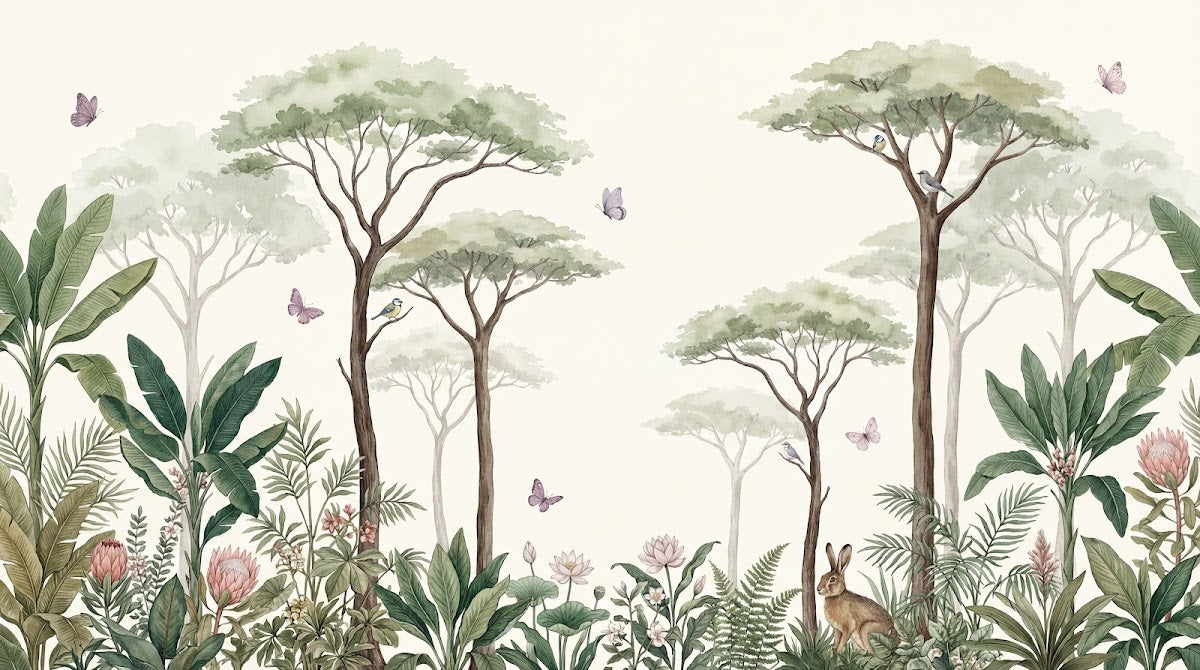 Papier peint panoramique jungle - Arbres acacia feuillage tropical lapin papillons fond beige crème sur mesure - Design