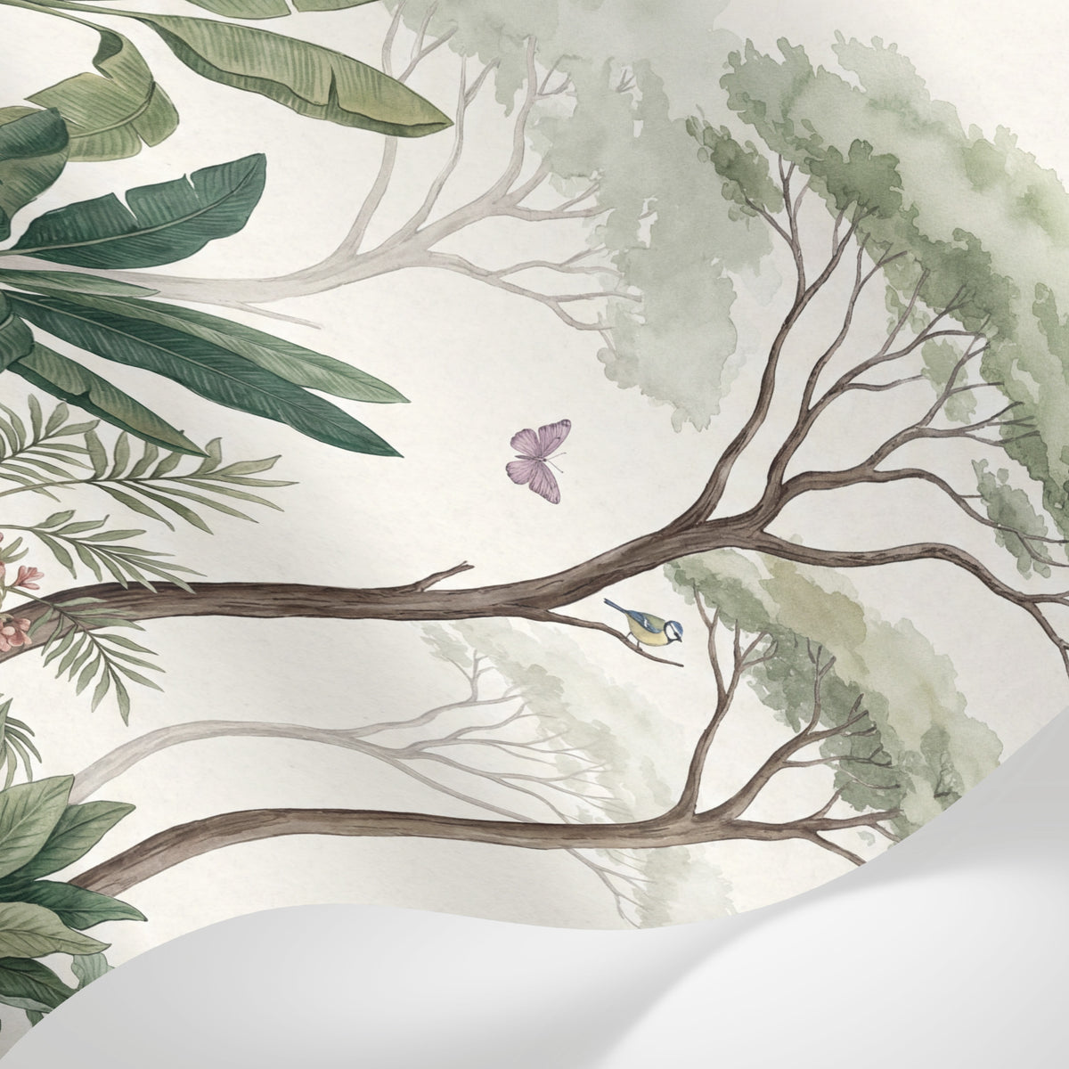 Papier peint panoramique jungle - Arbres acacia feuillage tropical lapin papillons fond beige crème sur mesure - Matière