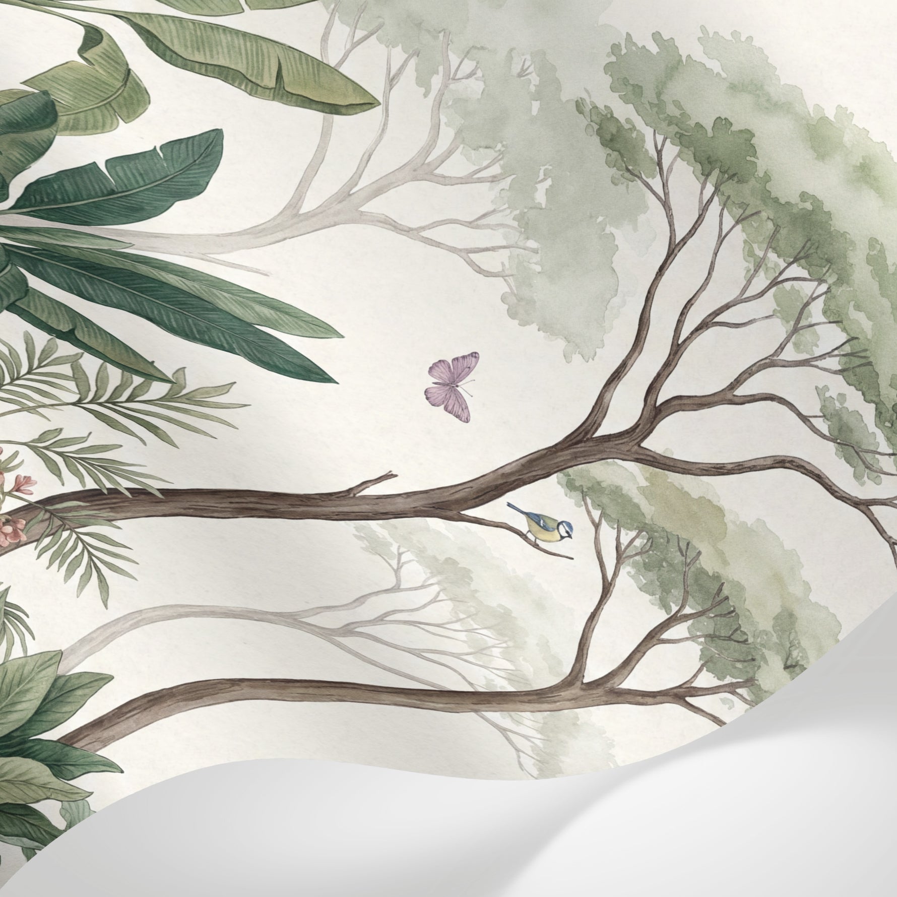 Papier peint panoramique jungle - Arbres acacia feuillage tropical lapin papillons fond beige crème sur mesure - Matière