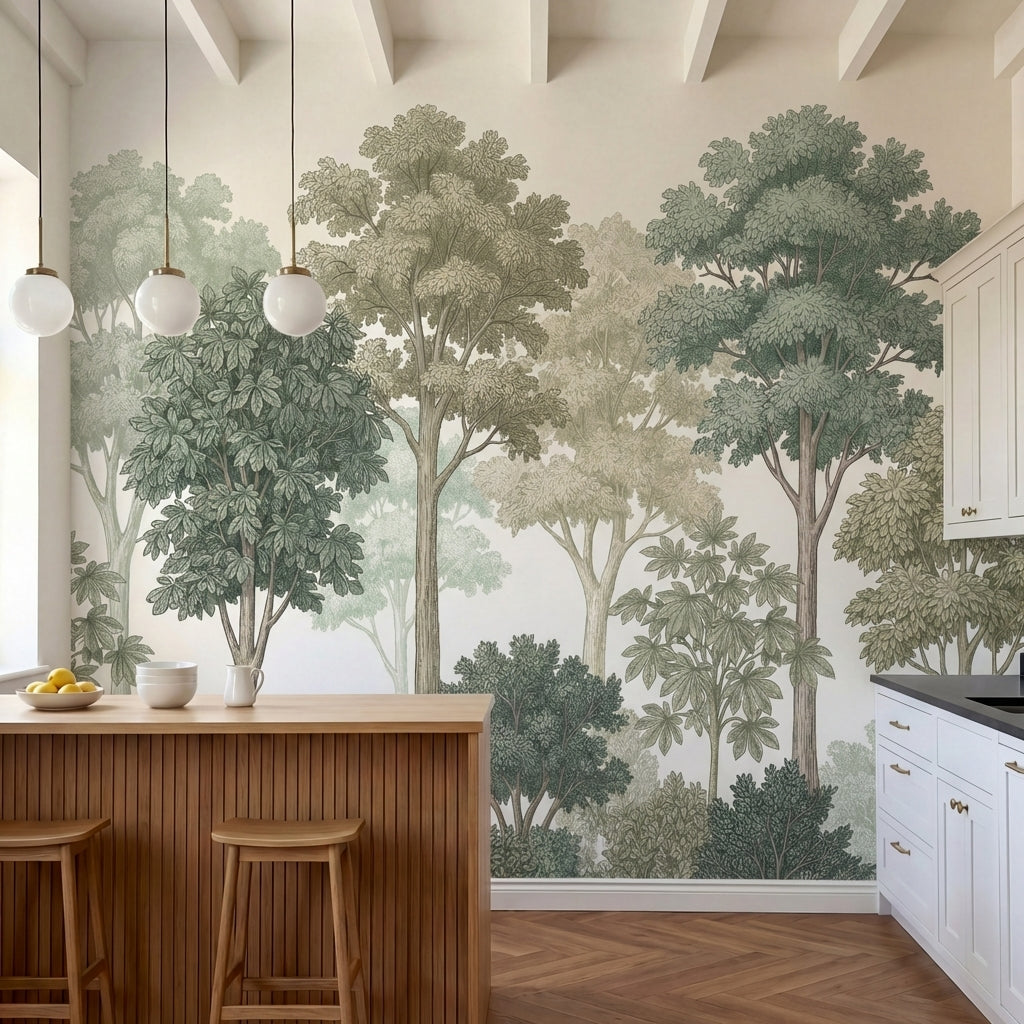 papier peint panoramique jungle arbres tropicaux feuillage etage tons vert sauge-2