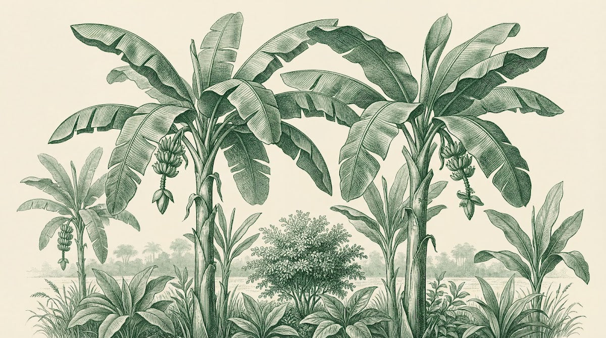 Papier peint panoramique jungle - Bananiers palmiers feuillage tropical détaillé fond beige crème et vert sauge sur mesure - Design