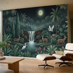 papier peint panoramique jungle cascade chute eau cerf herons palmiers tropicaux-1