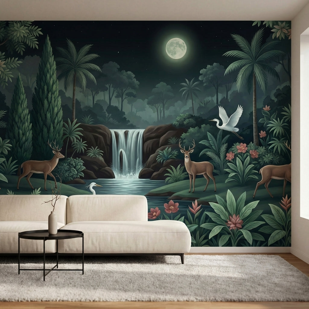 papier peint panoramique jungle cascade chute eau cerf herons palmiers tropicaux-2