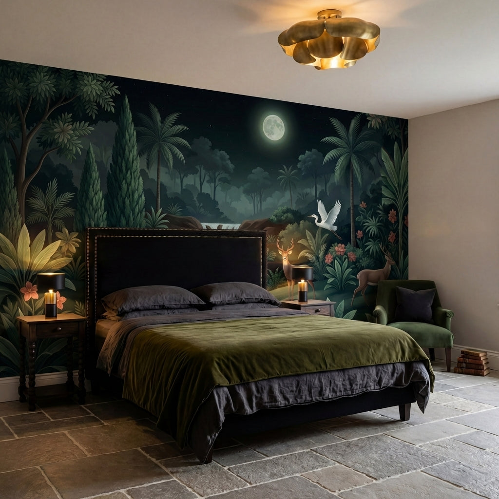 papier peint panoramique jungle cascade chute eau cerf herons palmiers tropicaux-6
