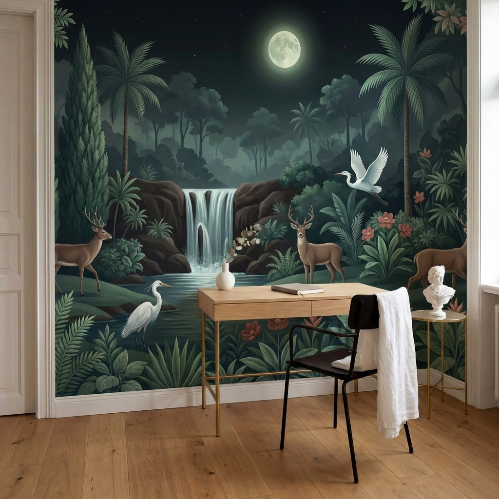 papier peint panoramique jungle cascade chute eau cerf herons palmiers tropicaux-7