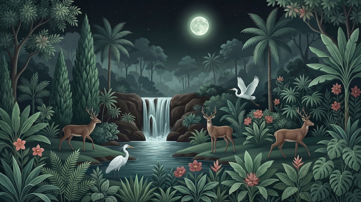 Papier peint panoramique jungle - Cascade chute eau cerf hérons palmiers tropicaux fond vert sauge sur mesure - Design
