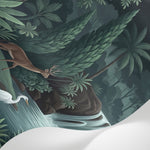 Papier peint panoramique jungle - Cascade chute eau cerf hérons palmiers tropicaux fond vert sauge sur mesure - Matière