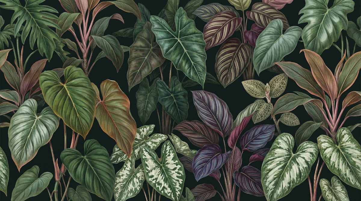 Papier peint panoramique jungle - Feuillage tropical exotique calathea philodendron tons vert émeraude et violet sur mesure - Design