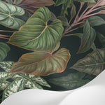 Papier peint panoramique jungle - Feuillage tropical exotique calathea philodendron tons vert émeraude et violet sur mesure - Matière