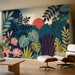 papier peint panoramique jungle feuillage tropical palmiers bananier bleu canard-3