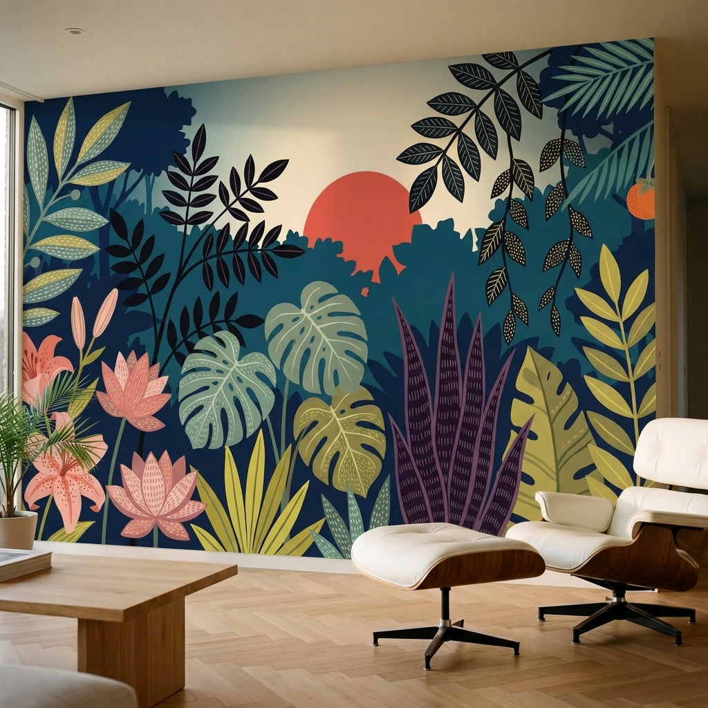 papier peint panoramique jungle feuillage tropical palmiers bananier bleu canard-3