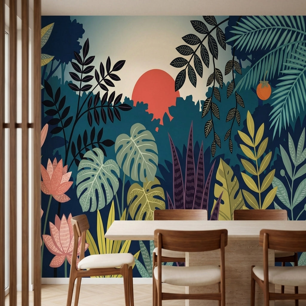 papier peint panoramique jungle feuillage tropical palmiers bananier bleu canard-4