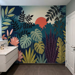 papier peint panoramique jungle feuillage tropical palmiers bananier bleu canard-6
