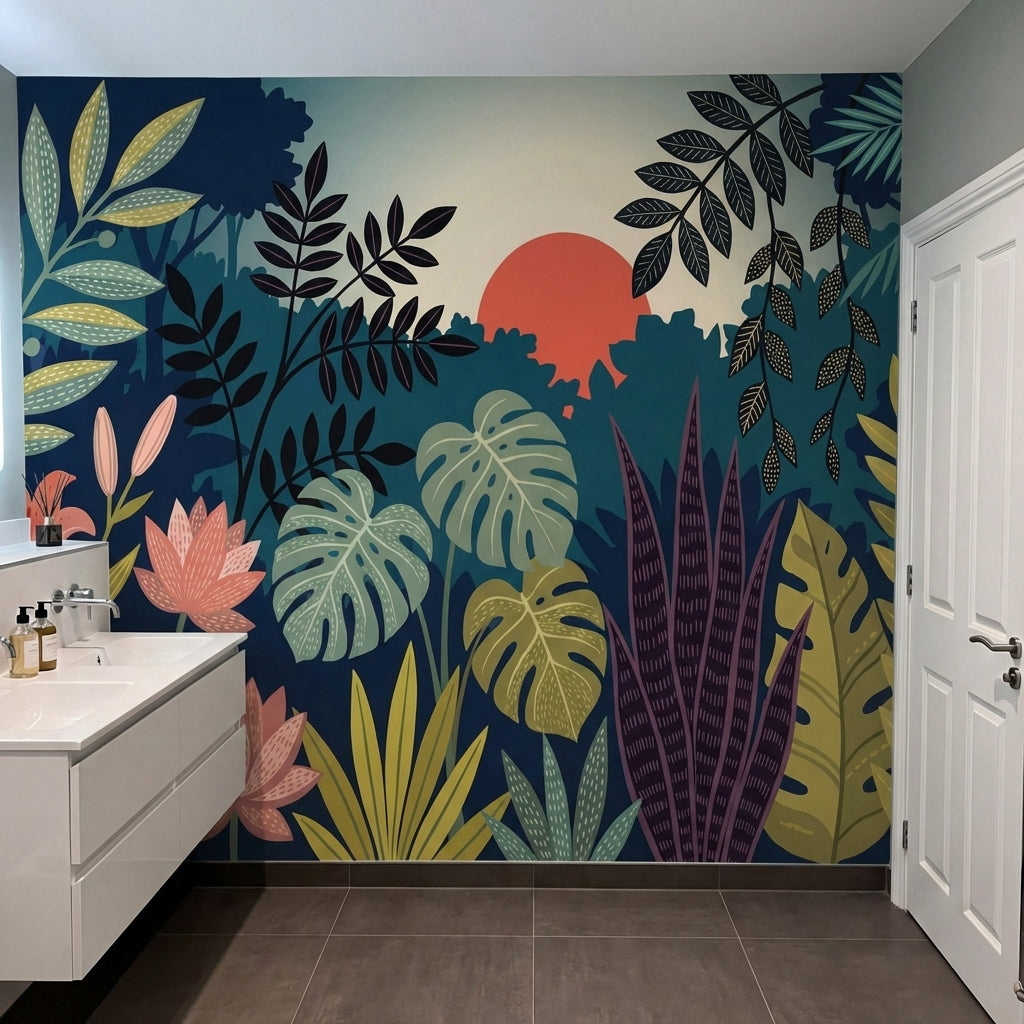 papier peint panoramique jungle feuillage tropical palmiers bananier bleu canard-6