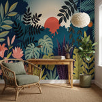 papier peint panoramique jungle feuillage tropical palmiers bananier bleu canard-VARIANTE-10