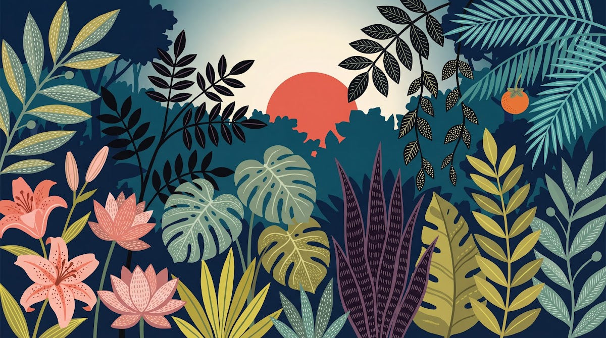 Papier peint panoramique jungle - Feuillage tropical palmiers bananier bleu canard et or sur mesure - Design