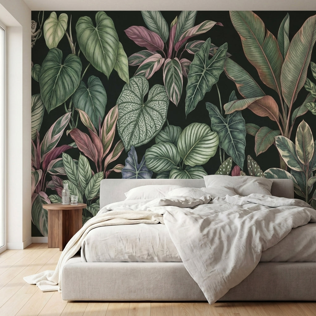 papier peint panoramique jungle feuillage tropical singes philodendron calathea -1