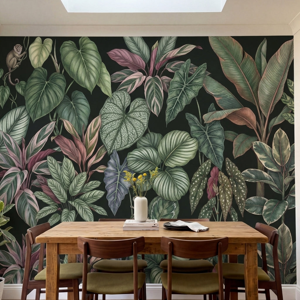 papier peint panoramique jungle feuillage tropical singes philodendron calathea -2