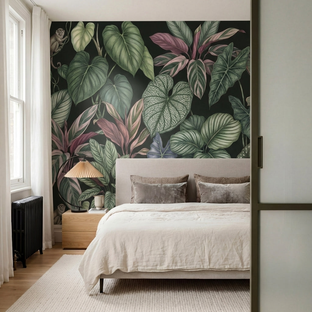 papier peint panoramique jungle feuillage tropical singes philodendron calathea -6